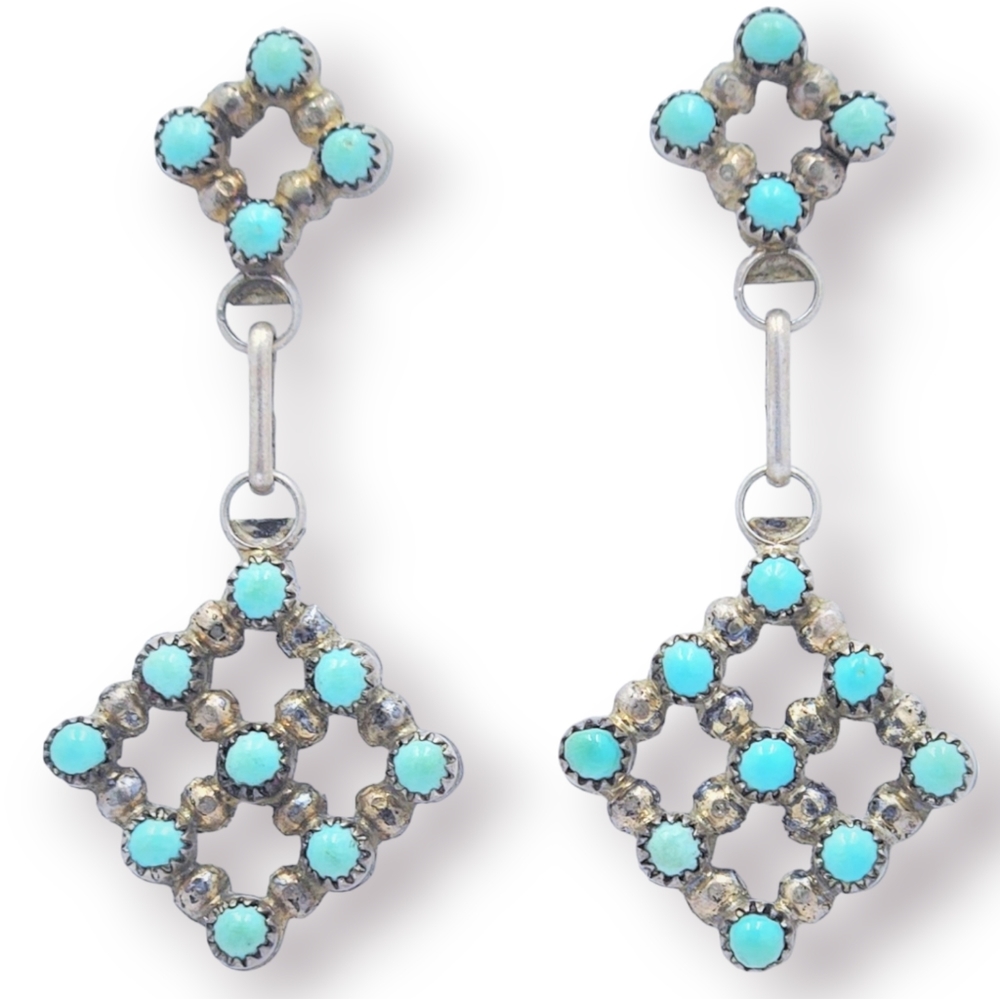 Genuine Handcrafted Zuni Turquoise Sterling Silver Dangle Earrings